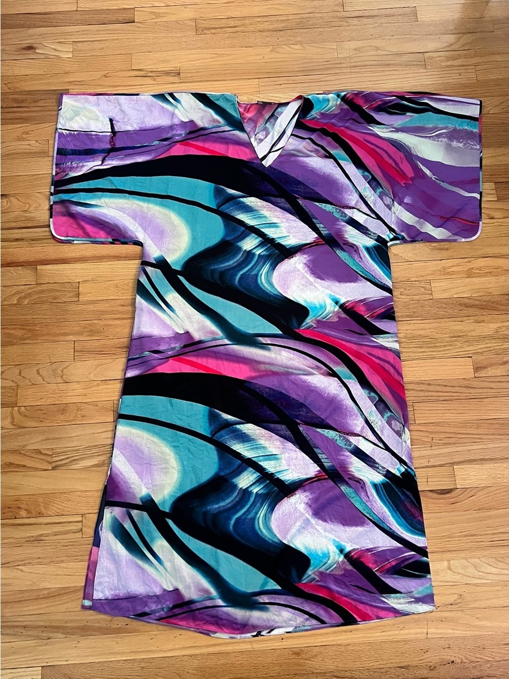 Natori Multicolor Wave Print Caftan - Teal, Purple & Pink size L